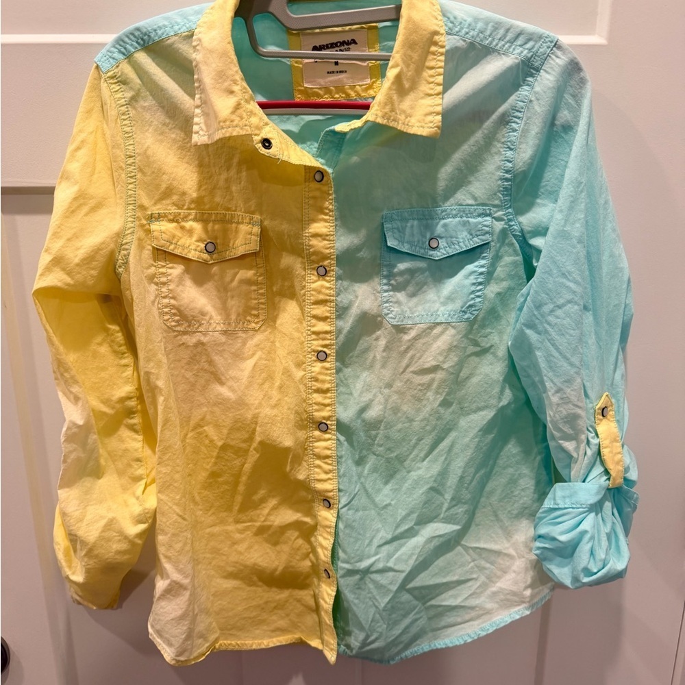 Arizona Jean Co Colorblock Button Down Shirt Medium Yellow Blue 100% Cotton